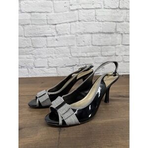 Tahari Diane Slingback Heels Black Patent Bow Peep Toe Pumps Size 10M Classic